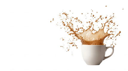 Coffee splashing from white cup kitchen table food bright lighting close-up dynamic action