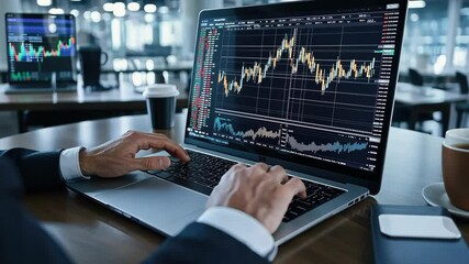 While savoring a delicious cup of coffee at a contemporary workspace in the heart of the city, I am analyzing stock market trends - Powered by Adobe