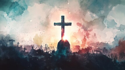 Obraz premium Cross rising from a watercolor-painted grave with bright glowing light symbolizing resurrection and eternal hope