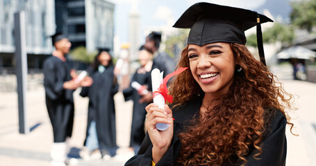Award, happy woman or portrait of graduate at university for education goal, opportunity or...