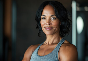 An athletic middle-aged individual smiles confidently, showcasing a healthy lifestyle. The setting is a well-lit indoor fitness space, ideal for workouts and training