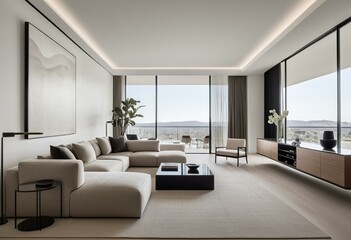 A living room filled with furniture and a large window.