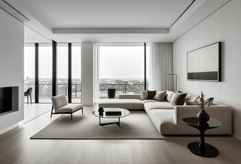 A living room filled with furniture and a large window.