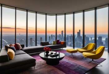 A living room filled with furniture and a large window.