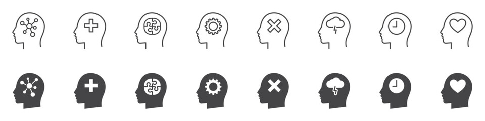 Set of psychology and mental icons. Human mind, brain health, human head, stress, depression, panic, mind disorder, bipolar, symbols. Mental health protection. Vector. EPS10.