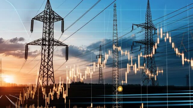 Energy market trends in power generation at sunset over transmission lines and a rising graph indicating economic activity