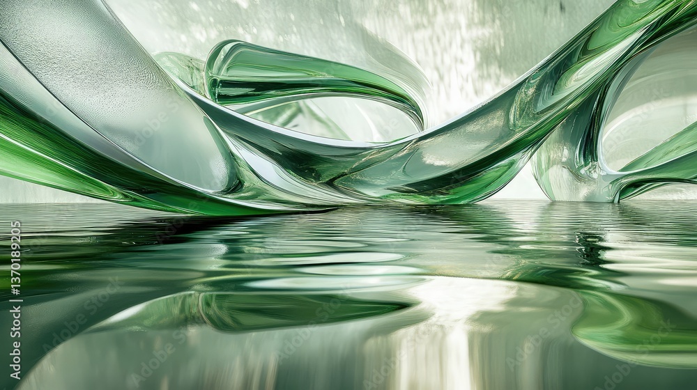 Poster abstract green glass waves with reflections on water surface, creating a serene and calming atmosphe