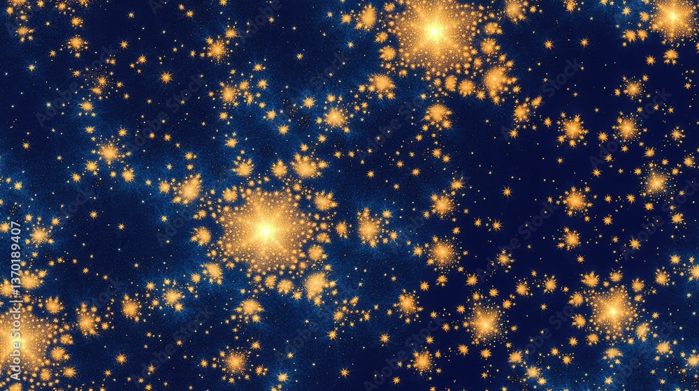 Poster abstract cosmic background filled with golden stars and intricate patterns on a deep blue backdrop, 