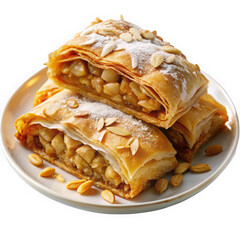Delicious homemade apple strudel on a white plate, garnished with almonds and powdered sugar, showcasing flaky pastry and warm, spiced apple filling.