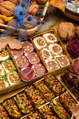 Sweet food Turkish delight on wooden background, assorted locum and candy for decorated backdrop