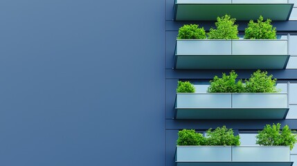 Obraz premium A modern building facade featuring green plants in sleek, horizontal balconies against a calming blue background.