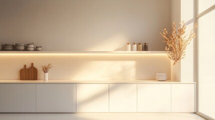 Modern kitchen, sunlight, minimalist design, interior,  warm lighting,  empty shelves,  display cabinets