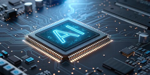 Futuristic AI Microchip Glowing Blue AI Letters on Circuit Board