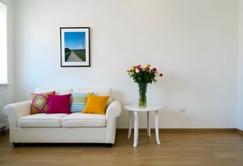 Interior of a living room with a white sofa with colorful pillows , a vase with flowers on a white table, and a framed picture on the wall