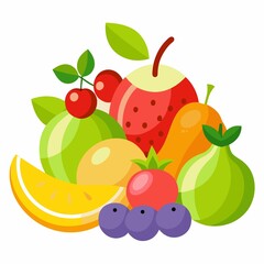 A colorful cartoon illustration featuring a variety of different types of fresh fruits