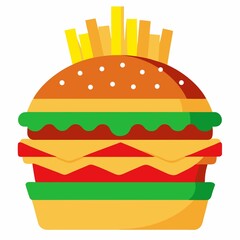 A colorful cartoon burger with fries sticking out the top on a white plain background