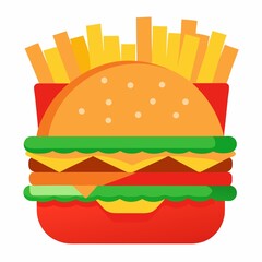 A stylized cartoon illustration of a burger and fries in a red container on white background