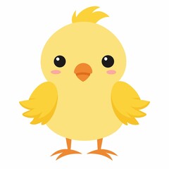 A cartoon illustration of a yellow chick with orange beak and feet on white background