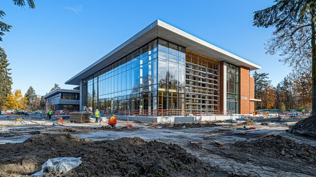 Modern glass-fronted building under construction, surrounded by earthworks and trees