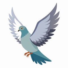 A cartoon pigeon with blue and gray plumage is flying with its wings spread wide open 