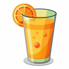 Illustration of a glass filled with orange juice and a slice of orange on the rim