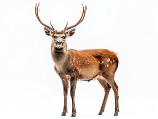 Fototapeta premium Standing Red Deer with Antlers Isolated on White Background in Studio