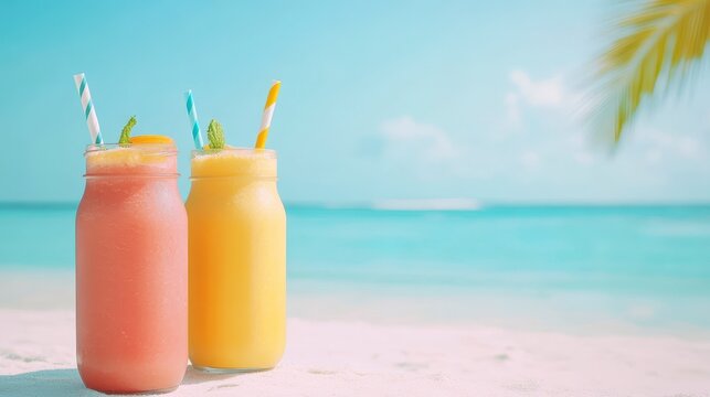 Tropical Delight: Capturing the Essence of Summer: Two vibrant smoothies with straws sit invitingly on the white sand beach, against the backdrop of a clear turquoise ocean under a bright blue sky