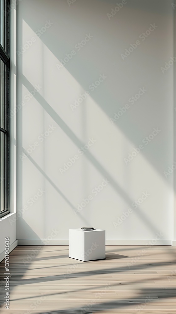 Poster empty room with white cube. sunlight streams in