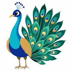 Illustrated peacock with blue and green feathers standing on a white background art