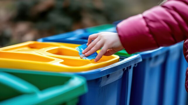 Child's hand placing recyclable material in colorful bins, promoting environmental awareness and responsible waste management practices in a vibrant urban setting.