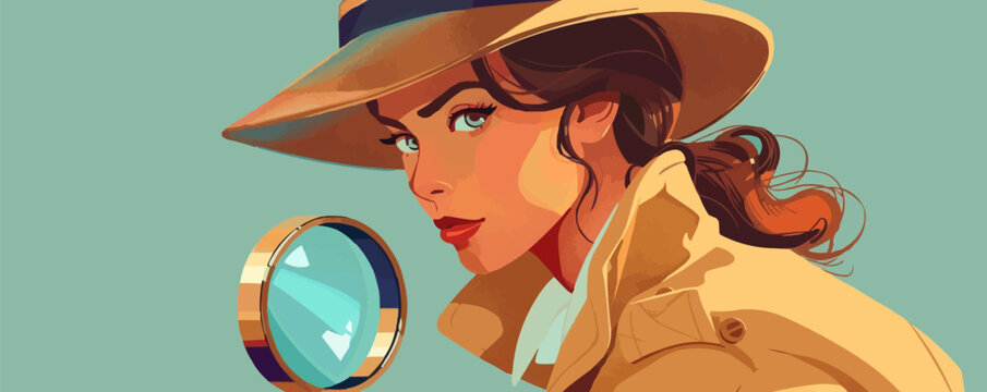 Detective woman looking through magnifying glass, flat icons set, vector.