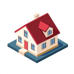 Isometric House with Tree Illustration on White Background
