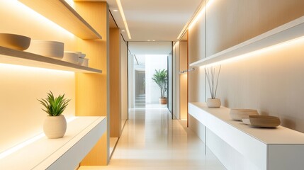 Minimalist corridor showcasing elegant shelving and indoor botanical decor