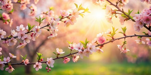 Serene Springtime Blossoms Illuminated by Golden Sunlight, Displaying Delicate Pink Petals and Vibrant Green Leaves