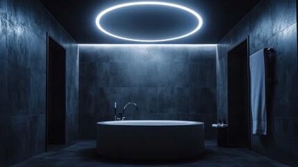 Modern spa bathroom interior with round tub and ambient lighting. Possible use stock photo