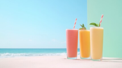 Tropical Delight: A colorful array of refreshing smoothies with vibrant straws, set against a breathtaking beach backdrop, offering a taste of paradise. 
