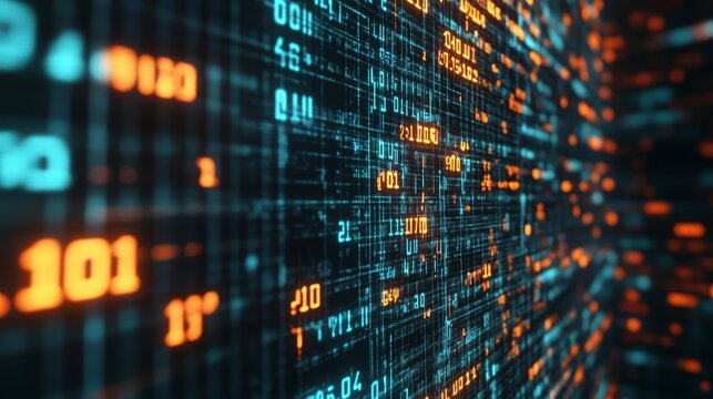 Digital Data Stream: Abstract Binary Code Visualization in Teal and Orange, Tech Illustration.