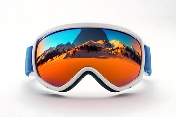 Ski goggles reflecting snowy mountain landscape at sunset offering eye protection and clarity