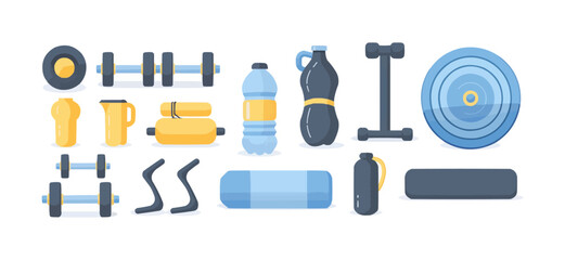 Fitness equipment and accessories icons set in flat style – vector.