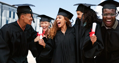 Excited, friends or students laughing at graduation for education goals, degree certificate or...