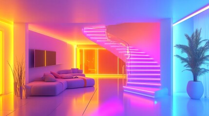 Neon lit modern home interior with spiral staircase