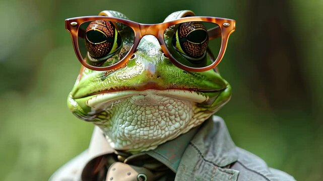 A frog dressed in a suit and sunglasses poses confidently in a lush green garden on a sunny day