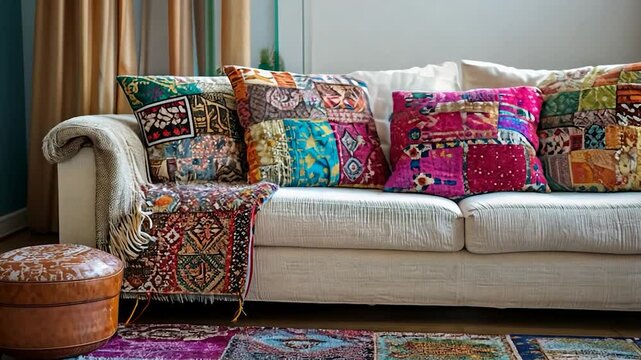Cozy living room with colorful patchwork pillows on a sofa, surrounded by vibrant decor