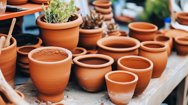 Various sizes of terracotta pots sit on a work table, some containing small plants.