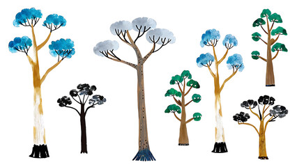 A whimsical collection of stylized trees in a vibrant watercolor palette showcasing diverse heights, colors, and shapes against a clean white background.