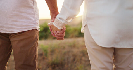 Walking, field and couple holding hands in nature for romance, commitment and relax. Sunshine, countryside and closeup of mature people together for love, care and bonding on weekend, holiday or trip