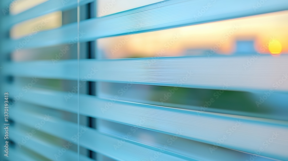 Poster a close-up of textured blue blinds with a soft sunset glow in the background, creating a serene and 