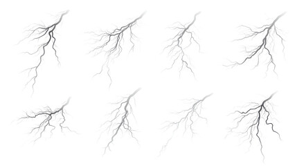 Fototapeta premium Sequence of Powerful Lightning Bolts Striking Isolated on White Background Electric Storm Energy, Thunderbolt Flash, and Natural Phenomenon