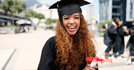 Certificate, woman or graduate laughing at university for education, opportunity or portrait....
