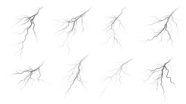 Sequence of Powerful Lightning Bolts Striking Isolated on White Background Electric Storm Energy, Thunderbolt Flash, and Natural Phenomenon